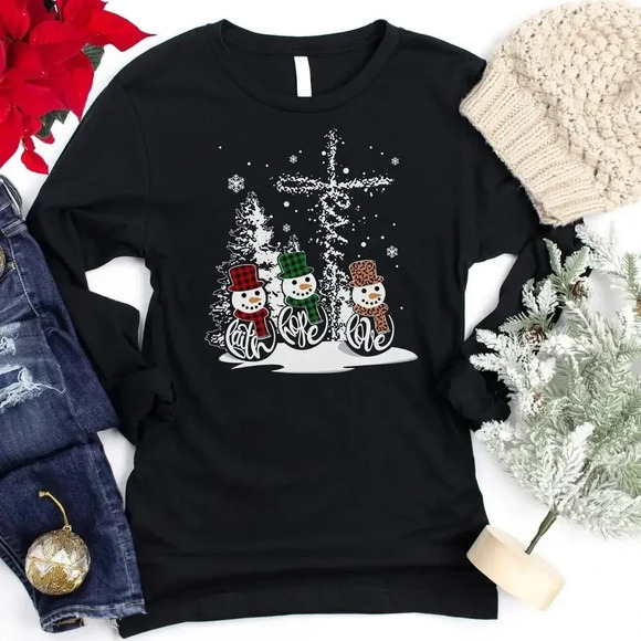 Love in Faith “Faith Hope Love” Snowmen Long Sleeve, size M, in black - Picture 2 of 7